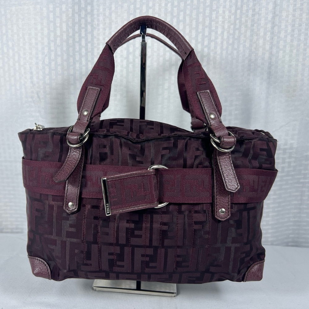 3197: Vintage Fendi Zucca Monogram Burgundy Canvas Leather Satchel Bag